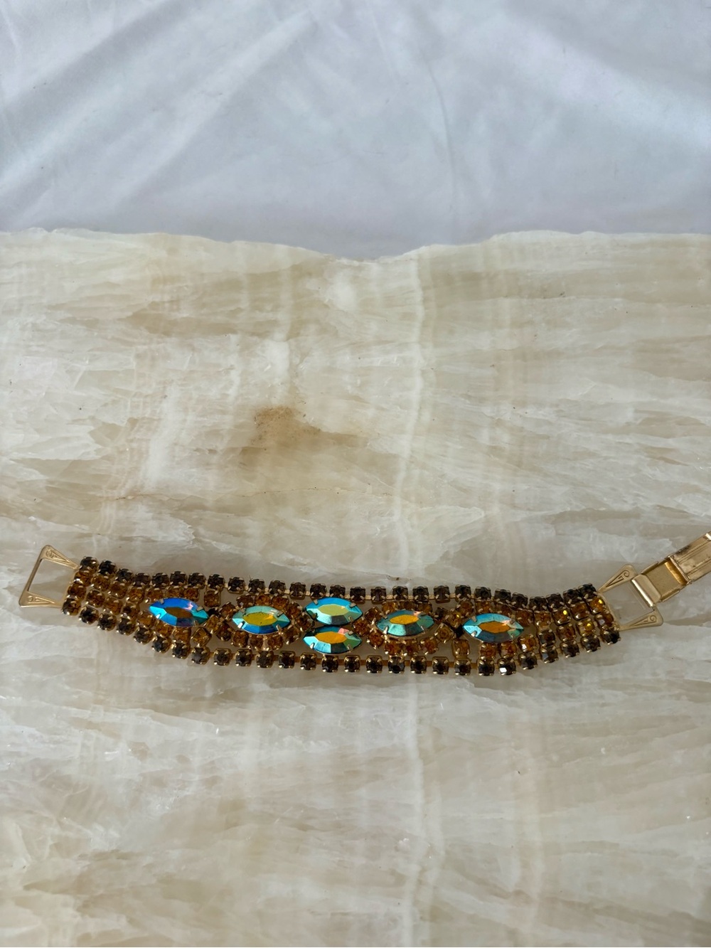 Vintage topaz aurora borealis rhinestone statement bracelet gold tone